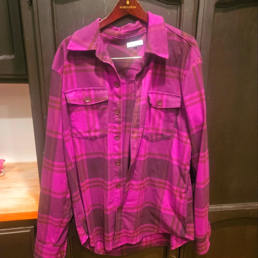 EUC Good American Pink & Brown Plaid Flannel. Pristine & Oversized.